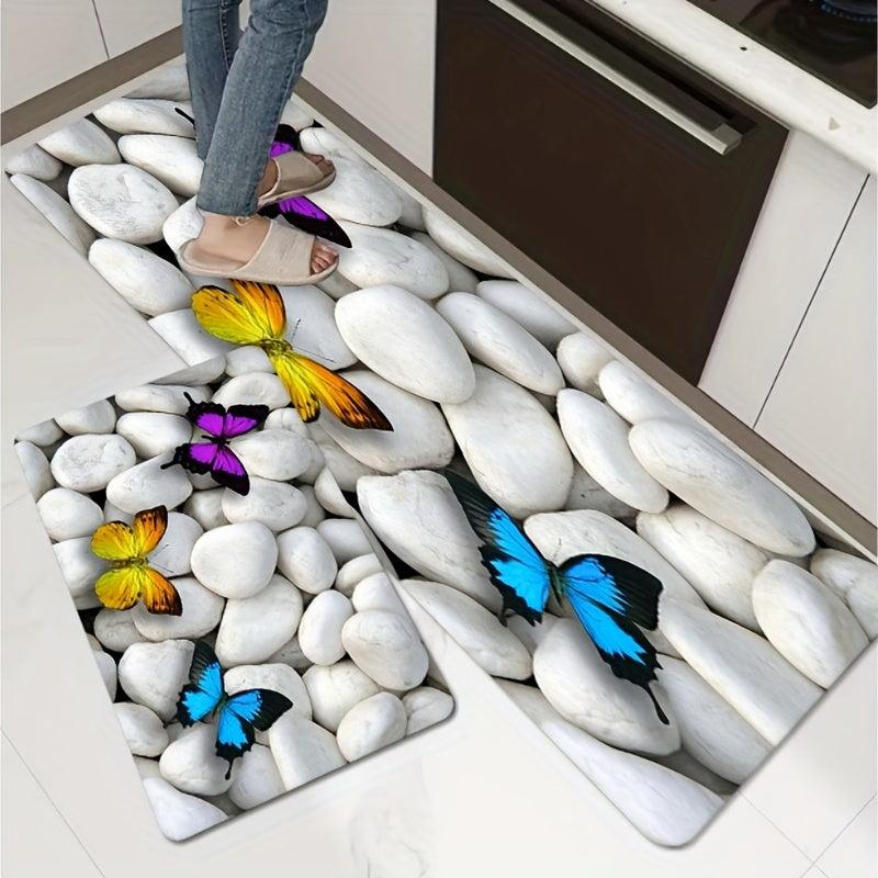 Non Slip Butterfly Kitchen Floor Mat Flannel Rug - Waterproof