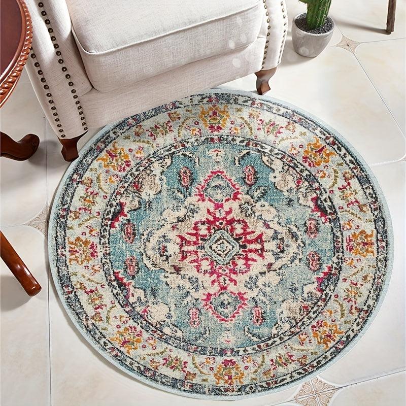 Round Vintage Carpet Boho Floral Non-slip Floor Mat Living Room R