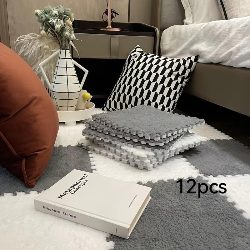 12pcs Plush Puzzle Foam Floor Mat Square Interlocking Carpet Fluffy Area Rug