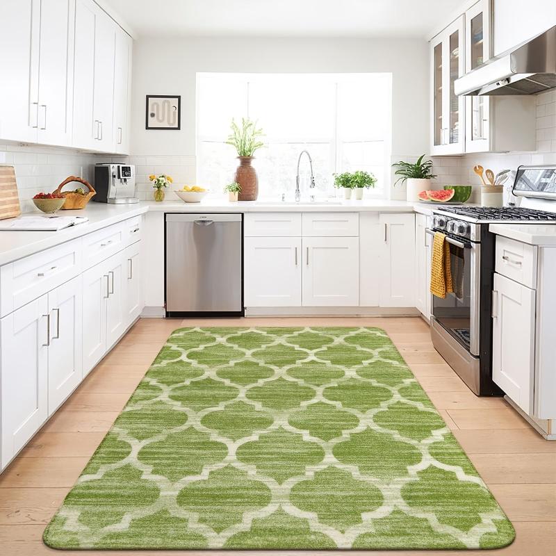 Moroccan Washable Rug Green Non Slip Low Pile Kitchen Entryway Rugs