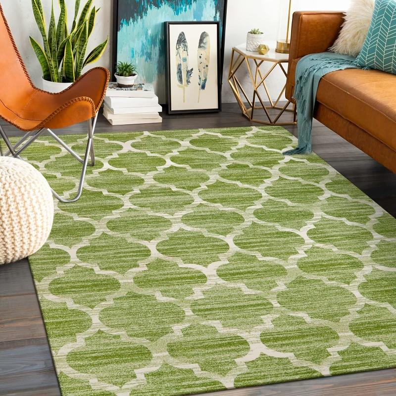 Moroccan Washable Rug Green Non Slip Low Pile Kitchen Entryway Rugs