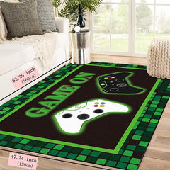 Large 3D Gamer Carpet Green Chequered Border Game Controller Pattern Rug