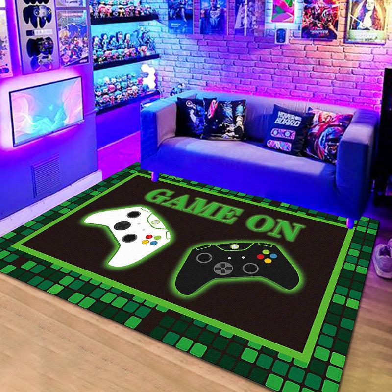 Large 3D Gamer Carpet Green Chequered Border Game Controller Pattern Rug