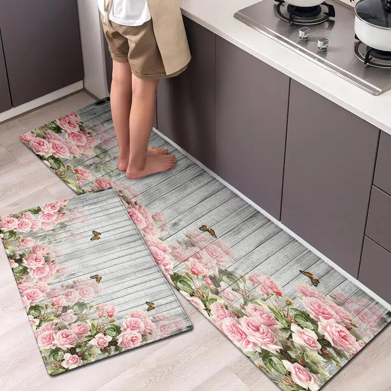 Polyester Rug Vintage Flower Wooden Board Pattern Print Floor Mat