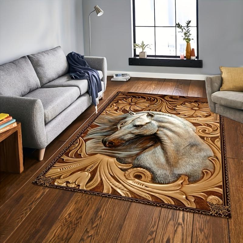 3D Horse Pattern Flowers Print Area Rug Non Slip Washable Floor Mat