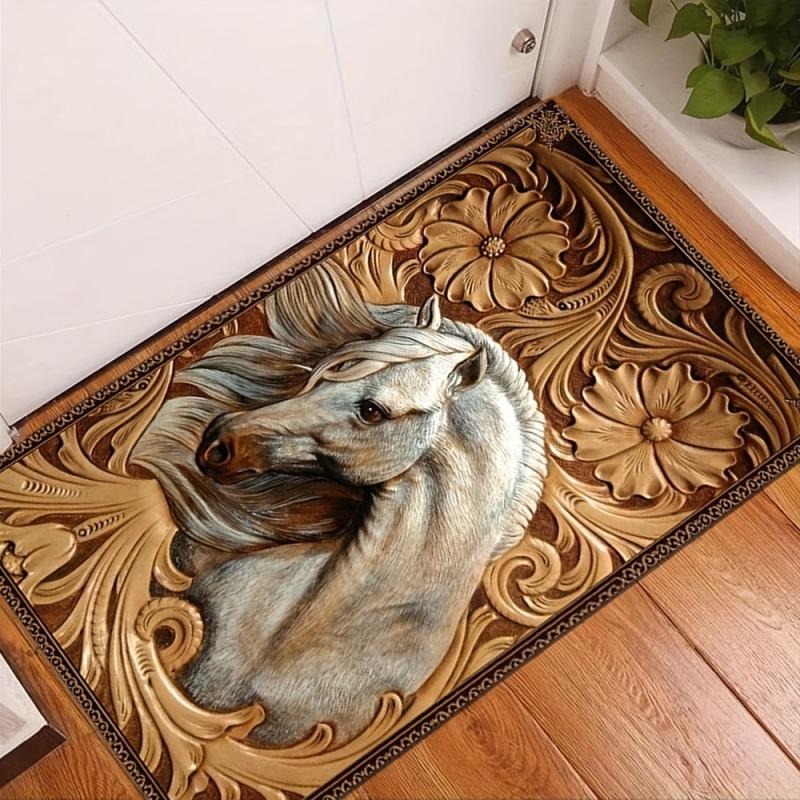 3D Horse Pattern Flowers Print Area Rug Non Slip Washable Floor Mat