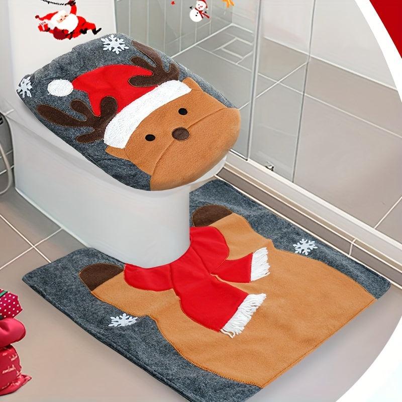 Christmas Toilet Cover Set Santa Snowman Reindeer Floor Mat Decoration