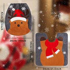 Christmas Toilet Cover Set Santa Snowman Reindeer Floor Mat Decoration