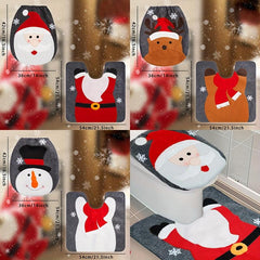 Christmas Toilet Cover Set Santa Snowman Reindeer Floor Mat Decoration
