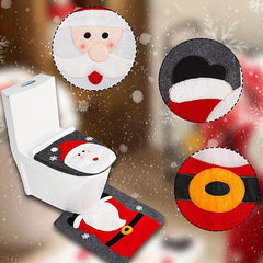 Christmas Toilet Cover Set Santa Snowman Reindeer Floor Mat Decoration