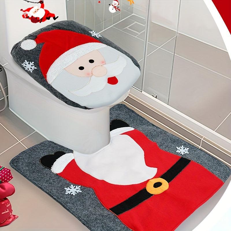 Christmas Toilet Cover Set Santa Snowman Reindeer Floor Mat Decoration