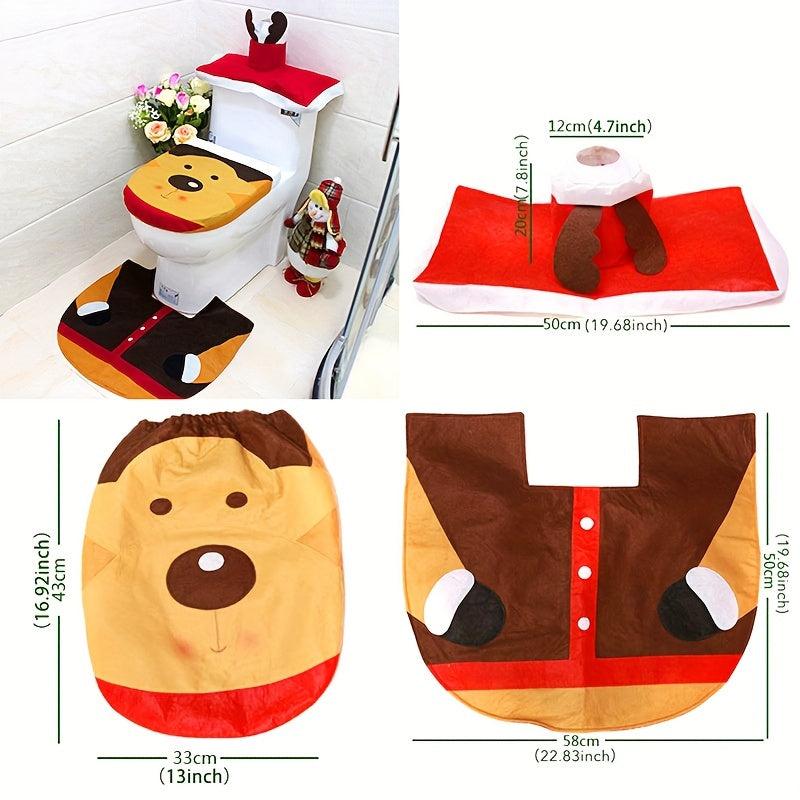 Christmas Bathroom Decoration Set - 3pcs Toilet Cover, Rug, Santa Towel