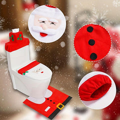 Christmas Bathroom Decoration Set - 3pcs Toilet Cover, Rug, Santa Towel