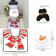 Christmas Bathroom Decoration Set - 3pcs Toilet Cover, Rug, Santa Towel