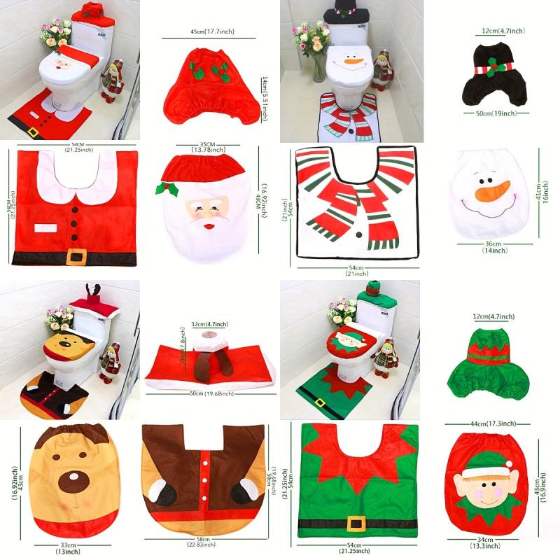 Christmas Bathroom Decoration Set - 3pcs Toilet Cover, Rug, Santa Towel
