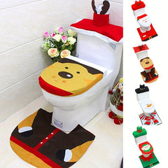 Christmas Bathroom Decoration Set - 3pcs Toilet Cover, Rug, Santa Towel