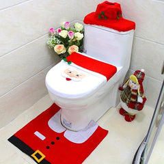 Christmas Bathroom Decoration Set - 3pcs Toilet Cover, Rug, Santa Towel