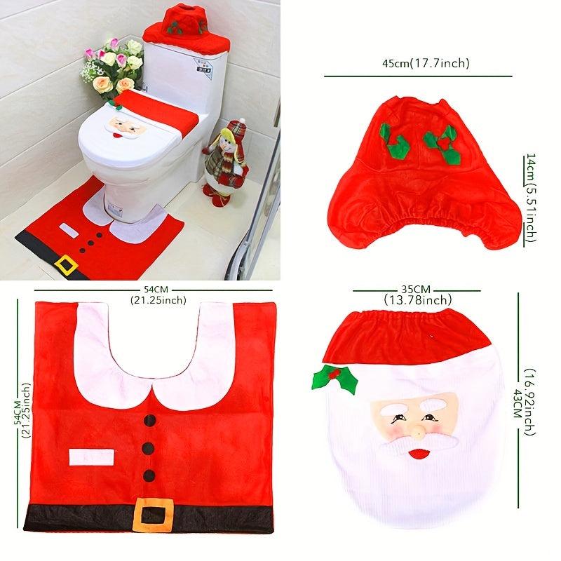 Christmas Bathroom Decoration Set - 3pcs Toilet Cover, Rug, Santa Towel