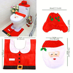 Christmas Bathroom Decoration Set - 3pcs Toilet Cover, Rug, Santa Towel