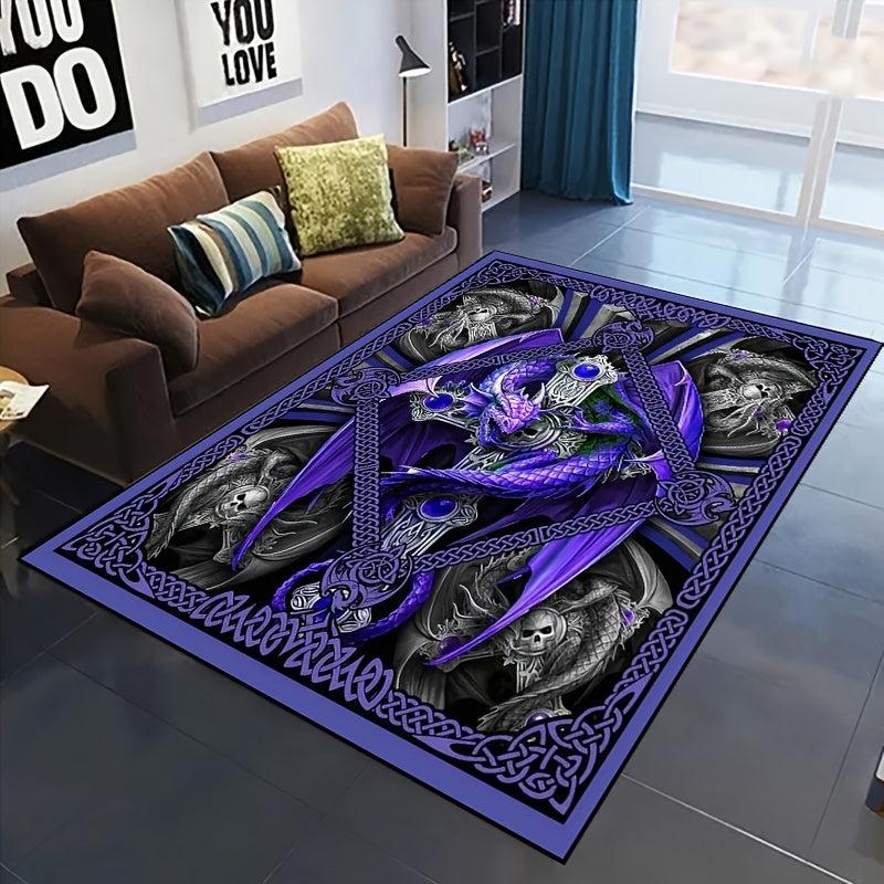 Gothic Dragon Area Rug Purple Rose Non Slip Washable Mat for Living Room
