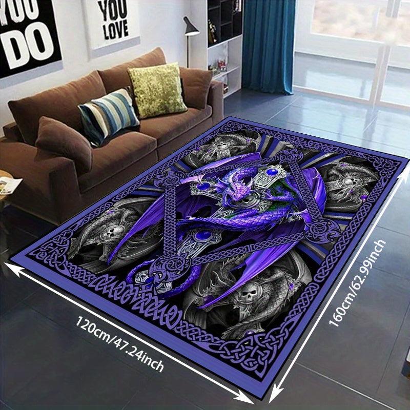 Gothic Dragon Area Rug Purple Rose Non Slip Washable Mat for Living Room