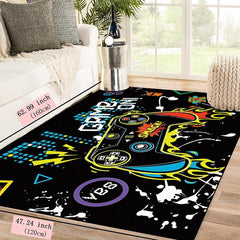 3D Gamer Area Rug Green Chequered Border & Game Controller Pattern Decoration