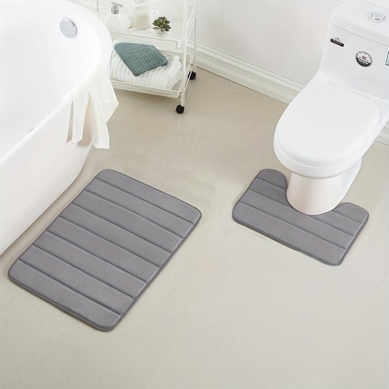 Soft Non Slip Memory Foam Bath Mat Dark Grey Striped Floor Mat
