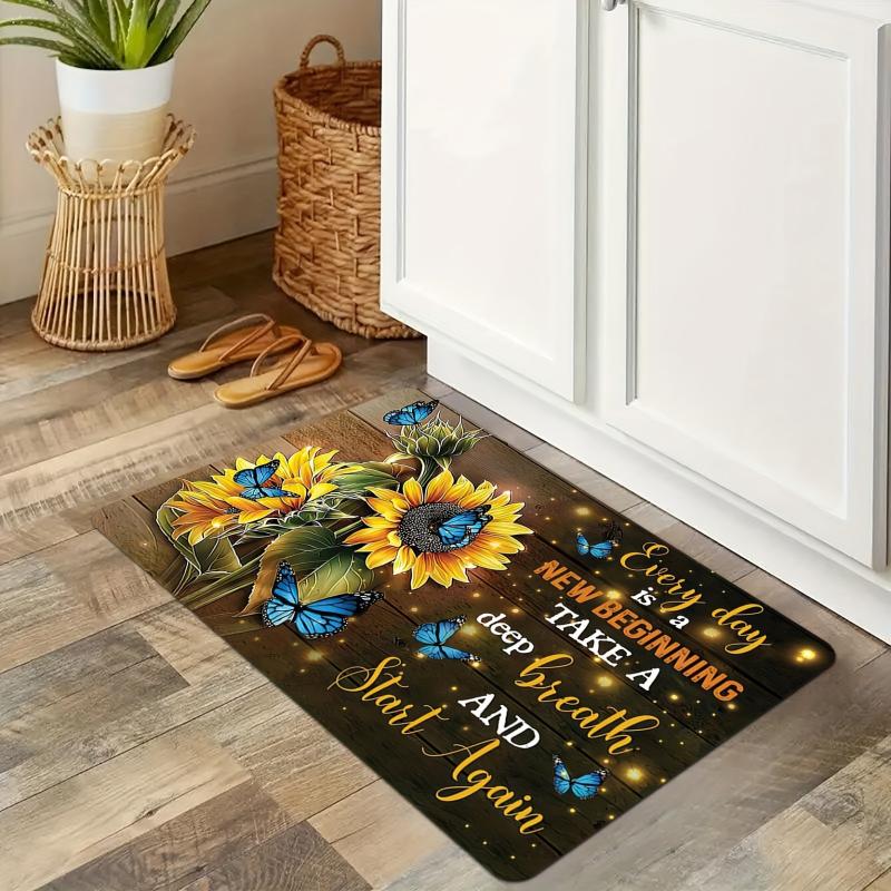 Butterfly Sunflower Kitchen Floor Mat Vintage Boho Anti Slip Polyester Carpet