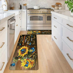 Butterfly Sunflower Kitchen Floor Mat Vintage Boho Anti Slip Polyester Carpet