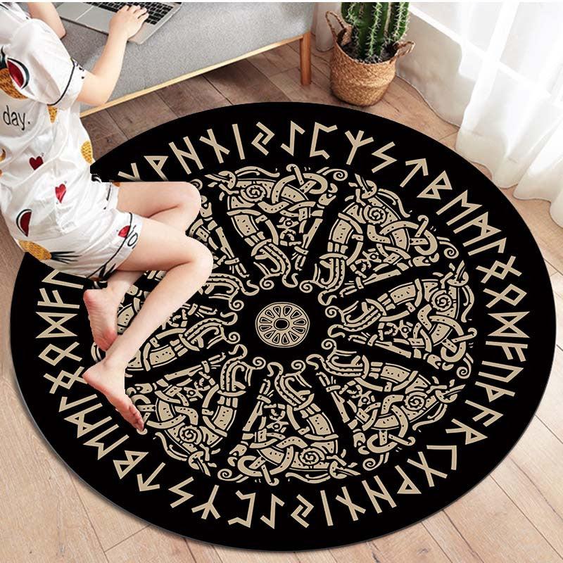 Viking Rune Round Area Rug Non Slip Washable Rug For Living Room Bedroom