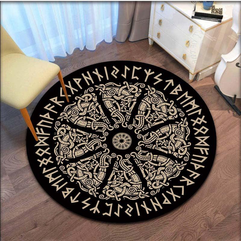 Viking Rune Round Area Rug Non Slip Washable Rug For Living Room Bedroom