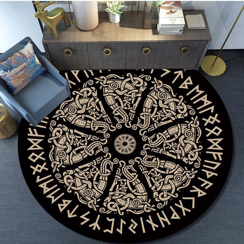 Viking Rune Round Area Rug Non Slip Washable Rug For Living Room Bedroom