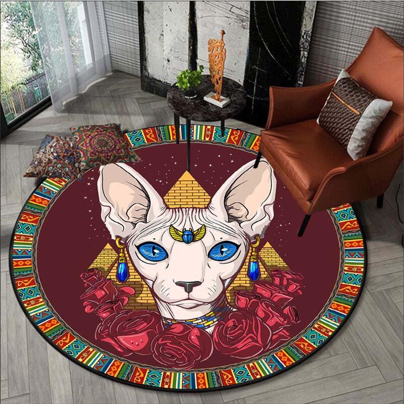 Egypt Cat Pattern Round Carpet for Halloween Christmas, Non-Slip Area Floor Mat