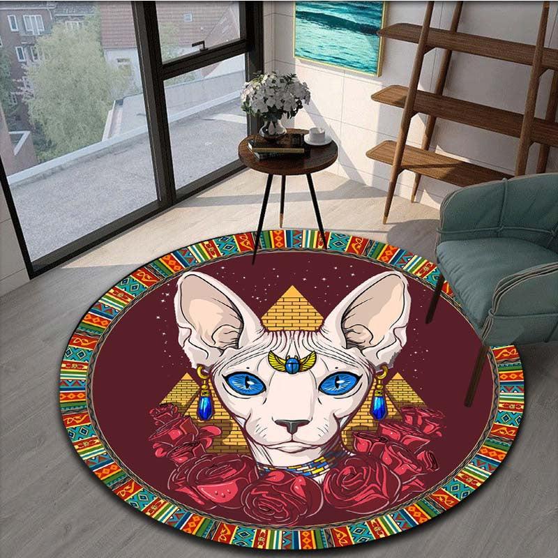 Egypt Cat Pattern Round Carpet for Halloween Christmas, Non-Slip Area Floor Mat
