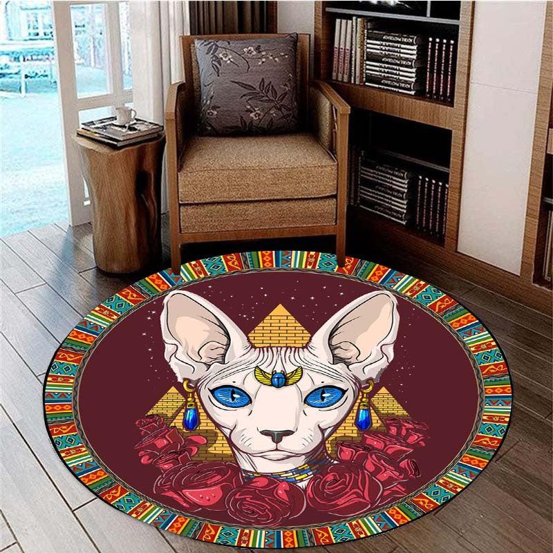 Egypt Cat Pattern Round Carpet for Halloween Christmas, Non-Slip Area Floor Mat