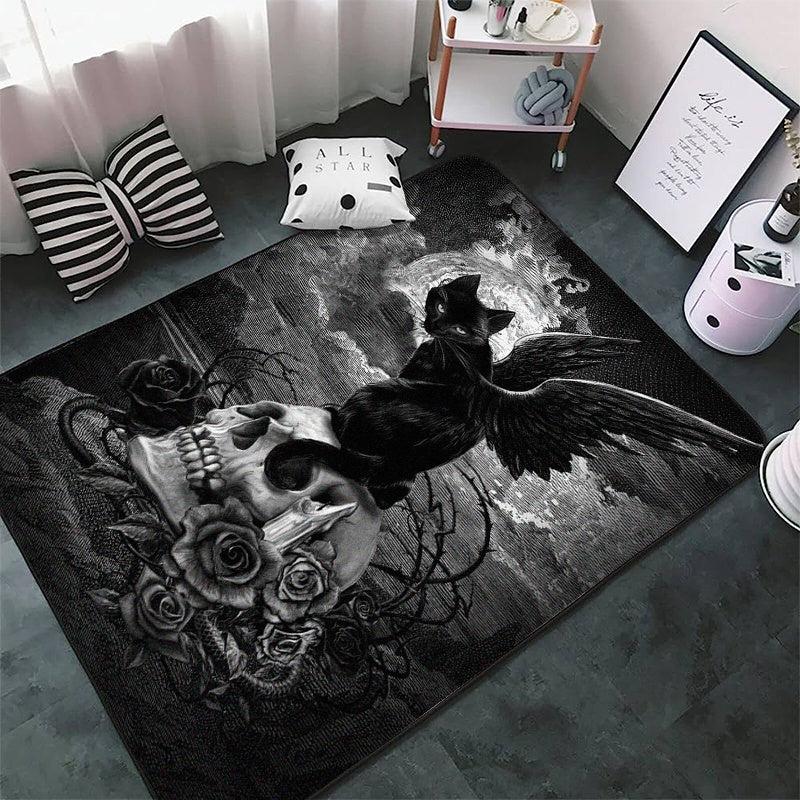 Halloween Gothic Rug Skull Cat Print Carpet Machine Washable Scary Durable