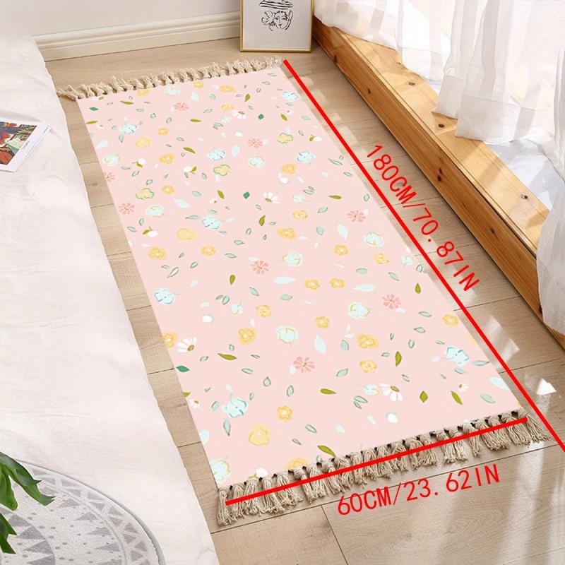 Long Cotton Floral Print Rug with Tassel For Bedroom Decor