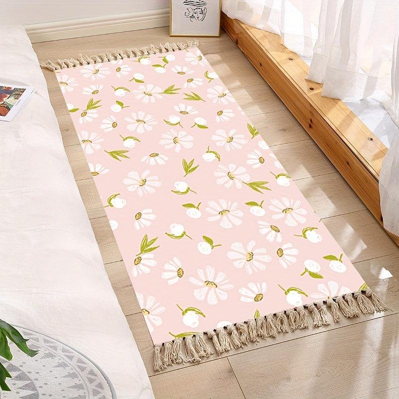 Long Cotton Floral Print Rug with Tassel For Bedroom Decor