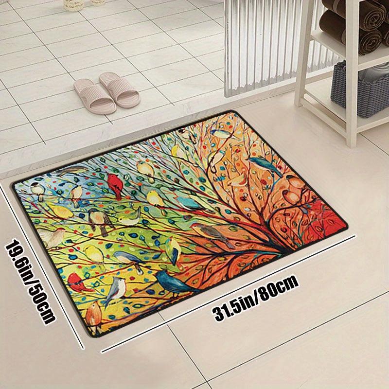 Colorful Bird Branch Square Door Mat Non Slip Absorbent Doormats
