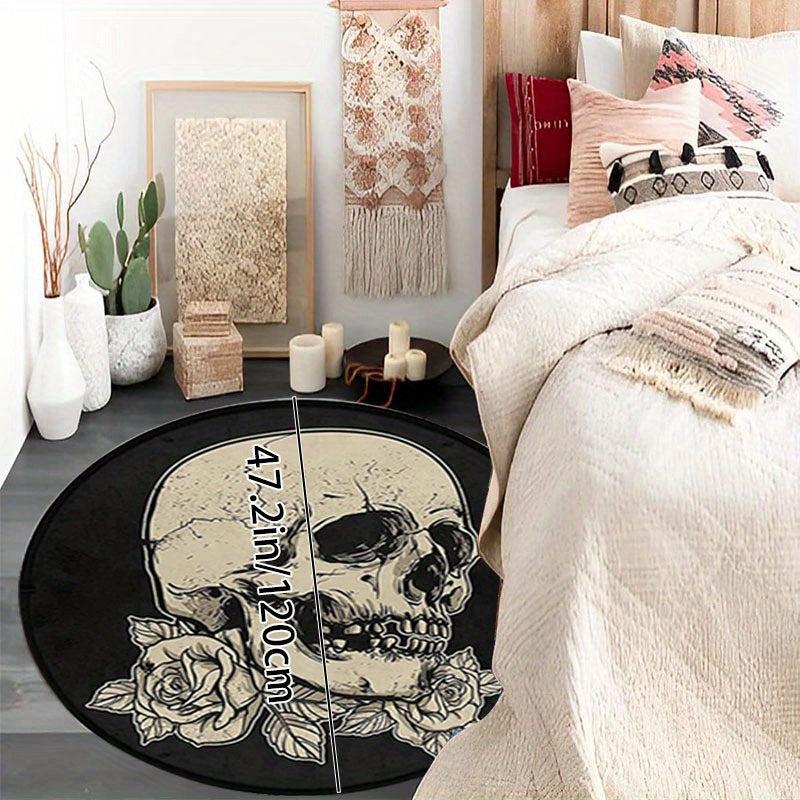 Skull Rose Flower Round Carpet Non Slip Rug Washable Floor Mats For Home Decor
