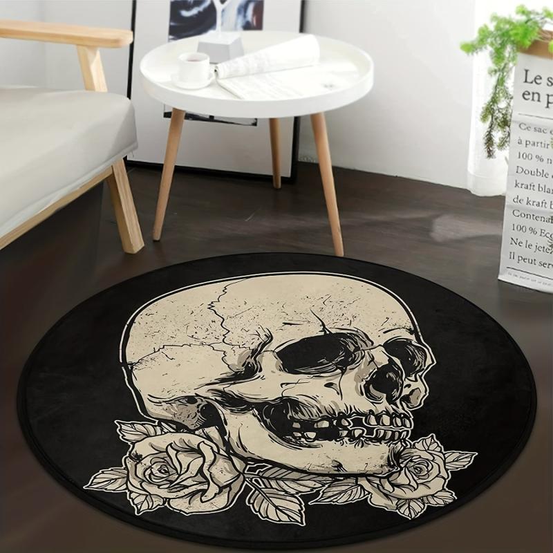 Skull Rose Flower Round Carpet Non Slip Rug Washable Floor Mats For Home Decor