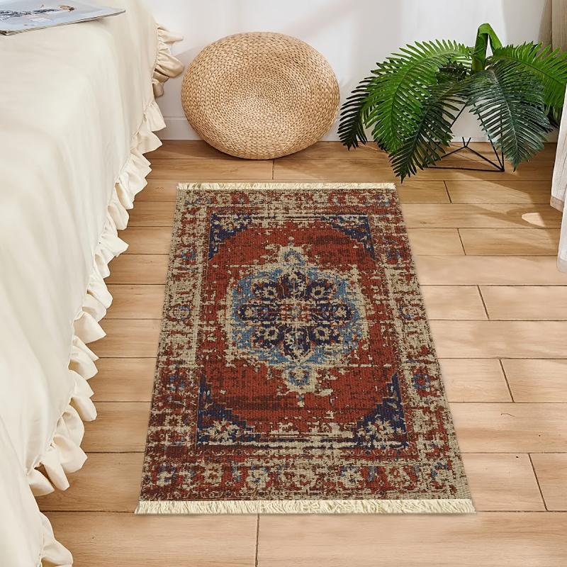 Red Woven Tassel Fabric Area Rug Ethnic Style Home Decor Rug