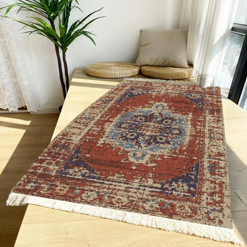 Red Woven Tassel Fabric Area Rug Ethnic Style Home Decor Rug