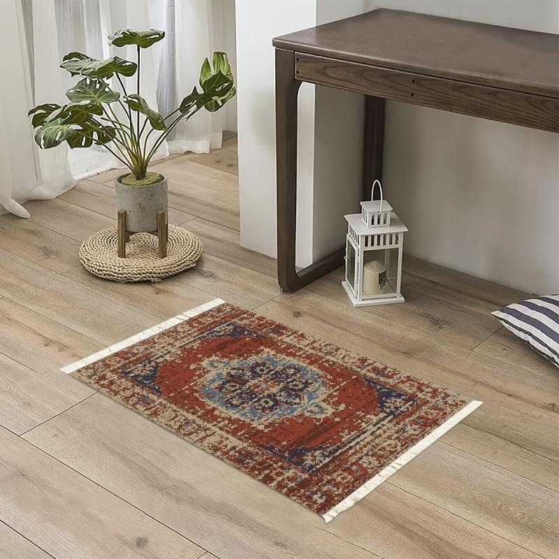 Red Woven Tassel Fabric Area Rug Ethnic Style Home Decor Rug