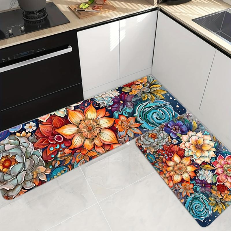 Bohemian Watercolor Floral Kitchen Strip Mat