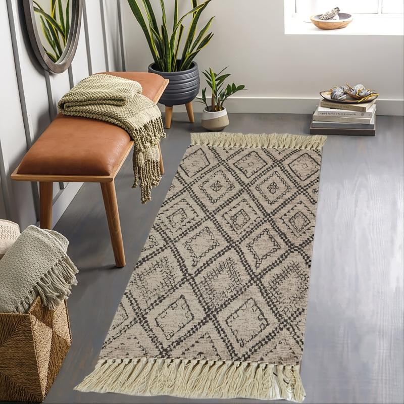 Vintage Geometric Floor Mat w/Tassels Non-Slip Indoor Carpet 23.6x35.4in