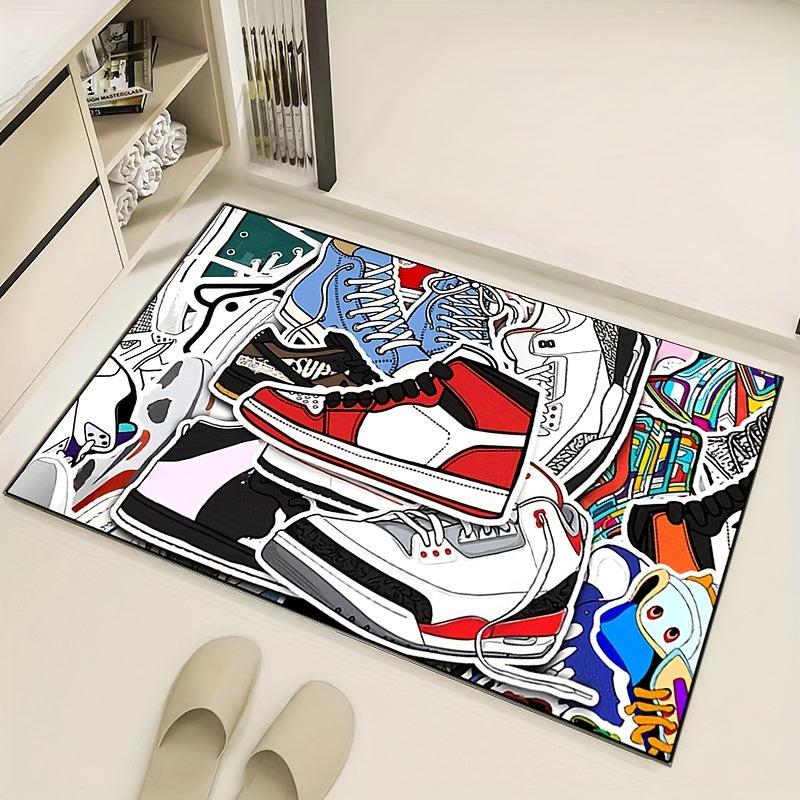 Sports Shoe Doodle Pattern Area Rug Non Slip Colorful Indoor Carpet