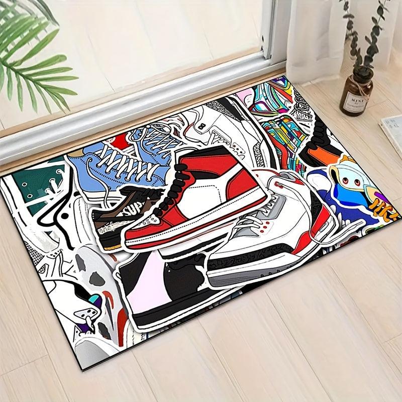 Sports Shoe Doodle Pattern Area Rug Non Slip Colorful Indoor Carpet