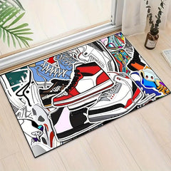 Sports Shoe Doodle Pattern Area Rug Non Slip Colorful Indoor Carpet