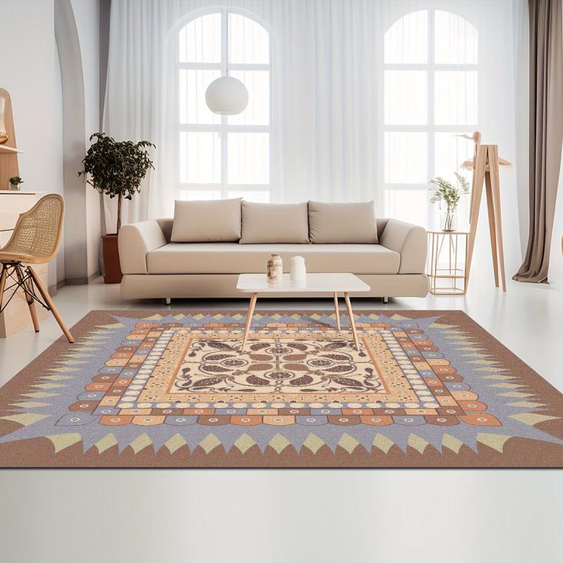 Vintage Area Rug Brown Faux Cashmere Persian Rug Anti Slip TPR Backing